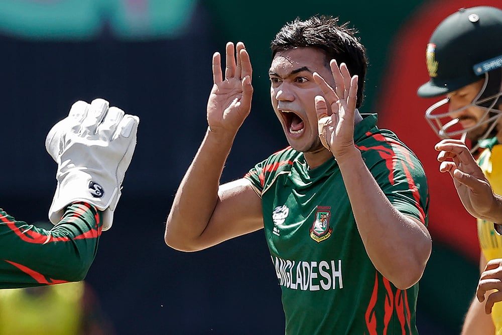 | Photo: AP/Adam Hunger : Taskin Ahmed celebrates Aiden Markram's wicket